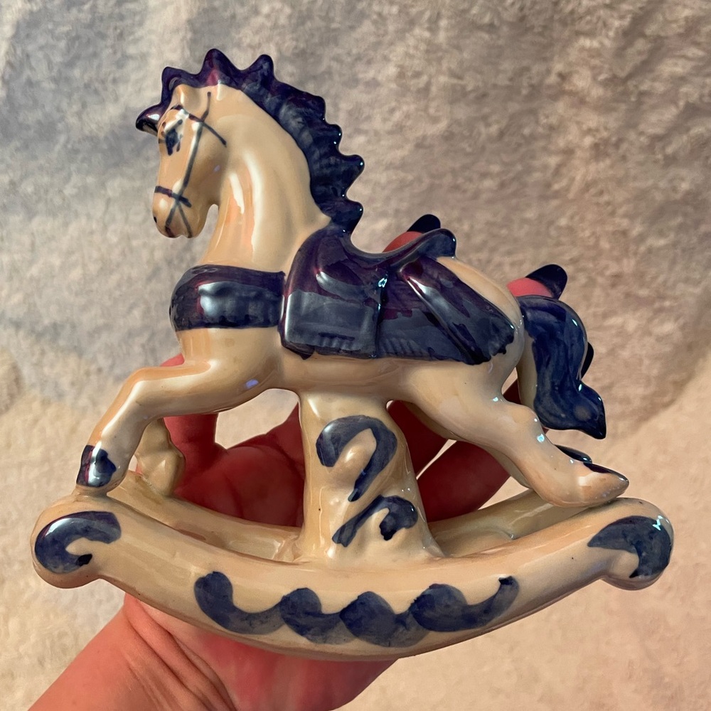 Rare Vintage Porcelain Rocking Horse Blue & White Iridescent Excellent Condition